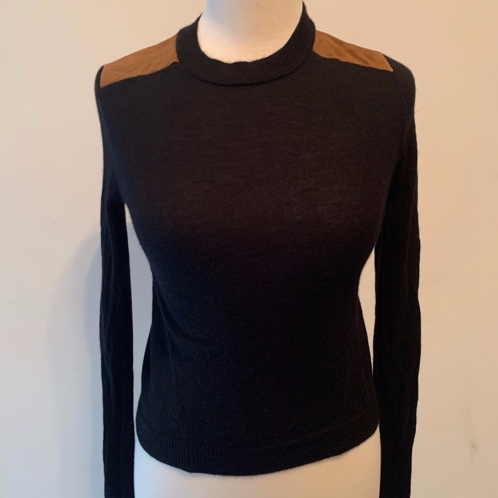 Shae Black Cashmere Sweater with Suede Back, XS